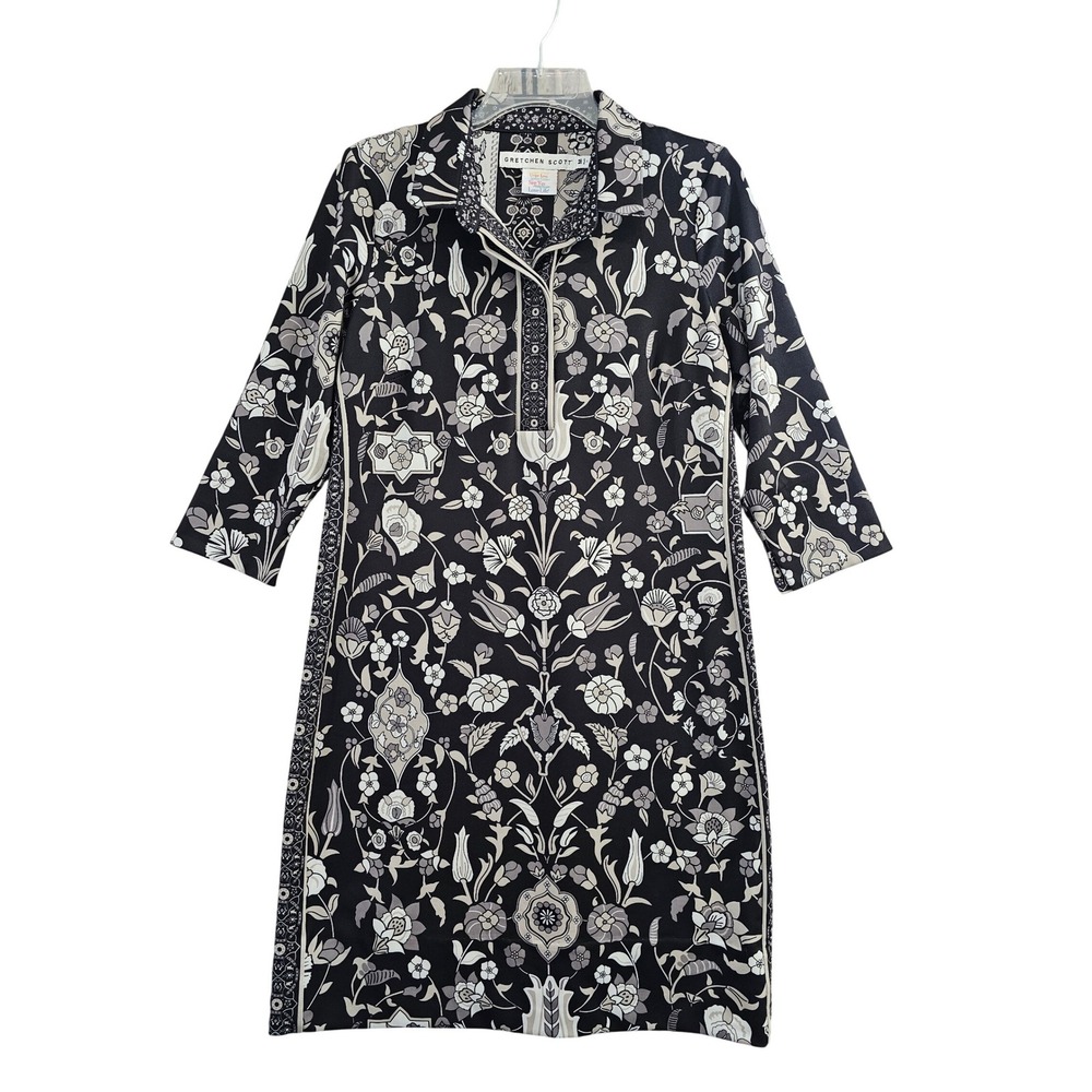 Gretchen Scott Tunic‎ Dress Womens Medium Black Floral 3/4 Sleeve Stretch Shift